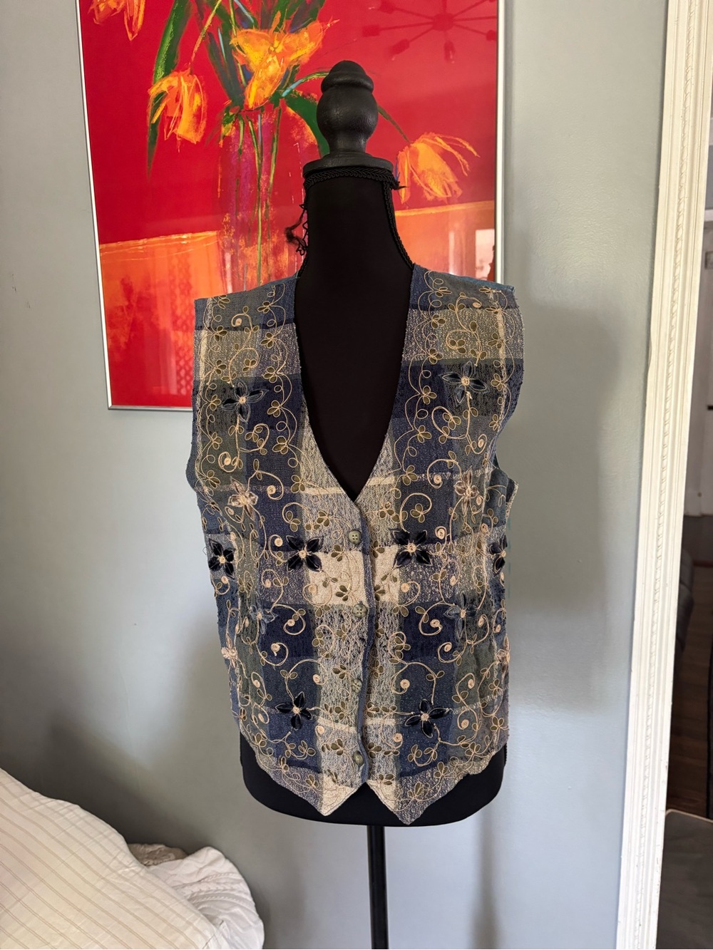 VTG Carolina Colours floral embroidered denim vest hippie boho festival S